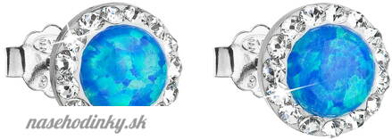 Strieborné náušnice so syntetickým opál a krištály Swarovski modré okrúhle 31217.1